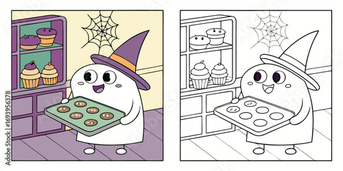 Cute ghost character in witch hat holding baking tray with cookies