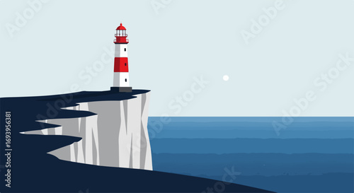 Seaside cliff with lighthouse on clear day showing ocean view, this seaside cliff with lighthouse is a scenic vista, beacon stands tall against horizon.