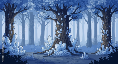 Tranquil magic forest scene with trees and quartz crystals in a wintery environment. This magic forest illustration features snow-covered trees and clusters of sparkling quartz crystals.