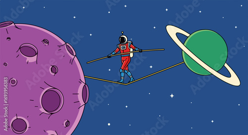 Space walk, astronaut balancing between planets in outer space. Space walk, gravity defying adventure shown by astronaut in vibrant, modern illustration. Use space walk metaphor for risk taking,