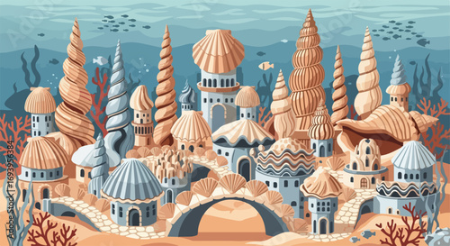 Undersea city concept illustration showcases fantastic architecture made from shells, coral, and sand. Undersea city includes intricate details, whimsical design, and vibrant colors.