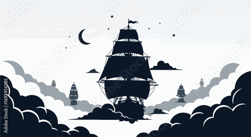 Sailing ship traversing through clouds under moonlight. Sailing ship navigates through surreal skies, evoking adventure and fantasy,
