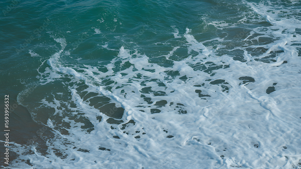 Obraz premium An aerial view of turquoise ocean waves creating white seafoam as they wash ashore on a sandy beach.