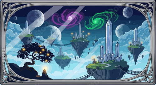 Illustrative floating islands scene, floating islands rise amidst clouds and sky in artistic illustration. Depicted floating islands with structures and astral orbs evoke serenity, fantasy,