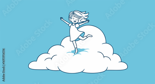 Happy girl on cloud, jumping with excitement and joy, sketched in simple lines against light blue background. Girl is full of happiness and on cloud nine; girl's dream coming true,
