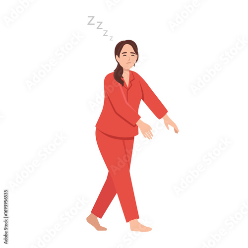Woman Sleepwalking in Pajamas. Flat vector illustration isolated on white background