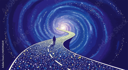 Alone on cosmic road, surreal painting shows person on cosmic road, a path through swirling galaxy and stardust. Painting of cosmic road represents journey through universe,