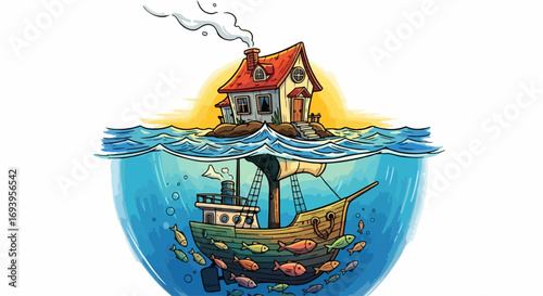 House on boat floating at sea. Floating house above vintage vessel blends nautical elements. Dreamlike house on boat for conceptual storytelling about maritime adventures,