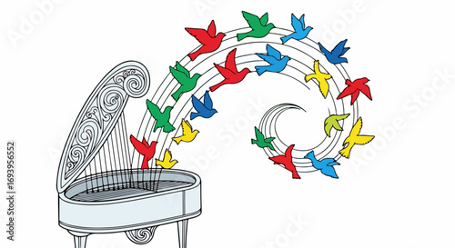 Piano with colorful birds flying in musical notes. Piano music creates joyful atmosphere, inspiring creativity and imagination.  This piano image is perfect for music schools, concert posters,