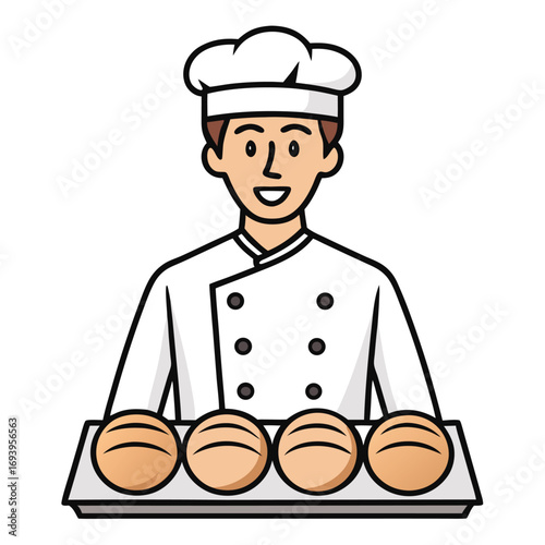 Vector art of happy baker holding a tray of freshly baked bread a friendly chef presents his delicious creations