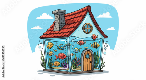 Adorable house aquarium with colorful fish and aquatic plants. This whimsical house aquarium design features various fish species swimming in a transparent home.