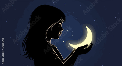Girl holding crescent moon illustration. Night sky scene shows young girl silhouette gently cradling glowing moon.  Dreamy illustration perfect for children's book, fairytale themed design,