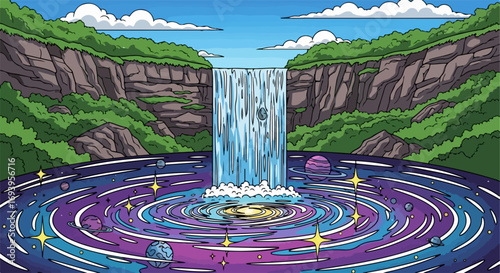 Surreal waterfall cascading into cosmic pool.  Waterfall flows into vibrant galaxy swirling with planets and stars.  Fantasy waterfall scene for posters, prints, or imaginative designs.