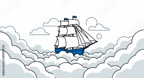 Sailing ship in clouds. Blue sailing ship floats above fluffy clouds. Classic sailing ship illustration for nautical themed design.