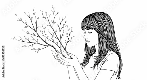 Woman holding small tree branch in hands. Girl gently cradles delicate springtime twigs, symbolizing growth and renewal.