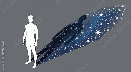 Human silhouette casting cosmic shadow. Mysterious starry night shadow reflects universe inside person.  Concept image for spiritual exploration, self-discovery, or astrology themed projects.