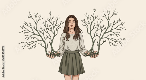 Woman holding bare branches, symbolizing spring renewal or growth. Illustration shows young woman with long brown hair, wearing simple beige top and olive green skirt.