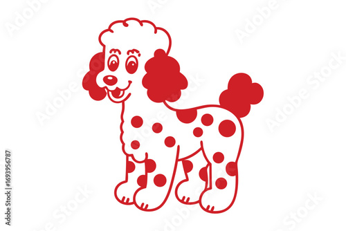 Cartoon white poodle exhibits red polka dots along its body and fluffy tail