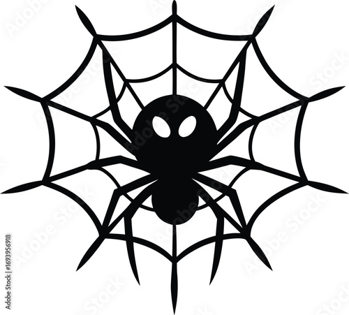 Halloween Spider and Web Silhouette Vector Illustration. Creepy Crawly Cobweb. Elegant Halloween Spider Web. Black Silhouette with Hanging Spider Vector.