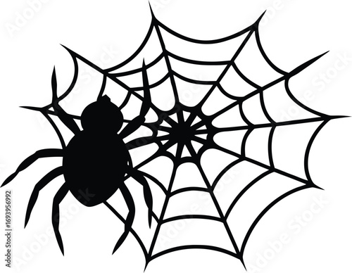 Halloween Spider and Web Silhouette Vector Illustration. Creepy Crawly Cobweb. Elegant Halloween Spider Web. Black Silhouette with Hanging Spider Vector.