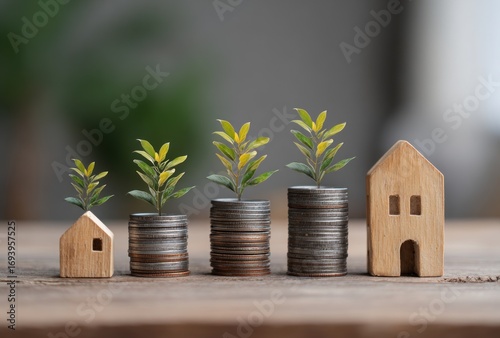 Stacks of coins topped with plants grow beside miniature wood houses, symbolizing growth, investment on wood table
