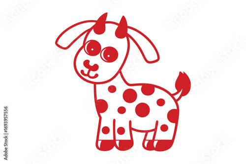 Cartoonish red and white goat has spots and smiles on a white background