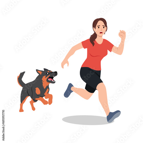 Frightened woman running away from an angry barking dog. Flat vector illustration isolated on white background