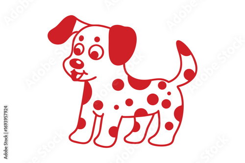 Cartoonish red dog with playful spots stands cheerfully against a plain white backdrop