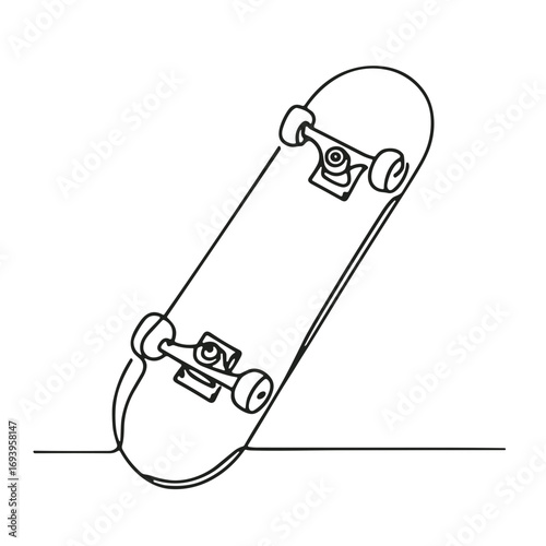 Line drawing of a skateboard leaning against the ground  