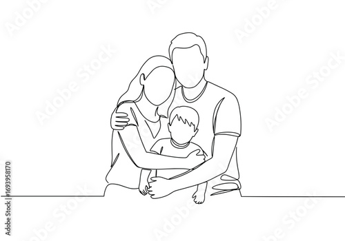 Family illustration of parents embracing their child in minimal style  