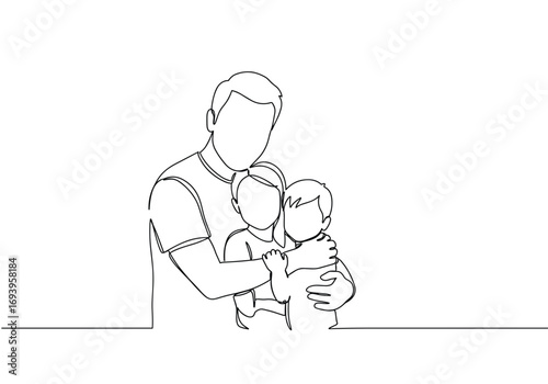 Father hugging two children in minimalist line art style  