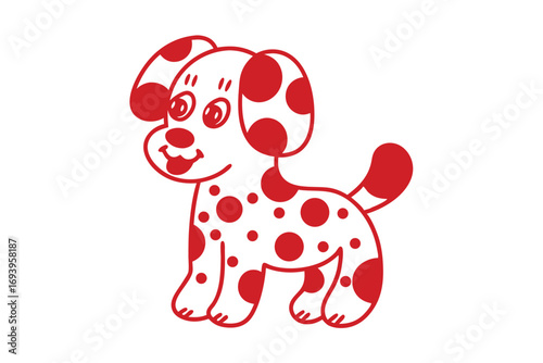 Cartoonish red dog with white face featuring polka dots stands happily on a white background