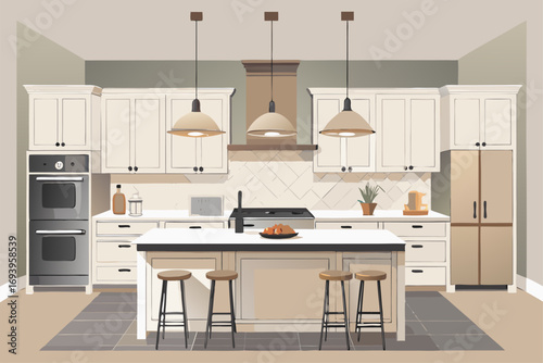 Stylish modern kitchen interior featuring white cabinets, wooden panel accents, bar stools, and a sleek countertop. Large windows allow natural sunlight to brighten the space, complemented by indoor g