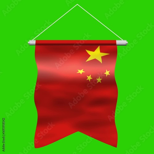 China Flag Banner Waving Green Screen Video Animation Isolated on Chroma Key Background