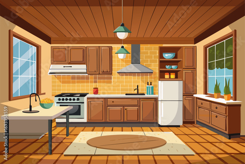 Stylish modern kitchen interior featuring white cabinets, wooden panel accents, bar stools, and a sleek countertop. Large windows allow natural sunlight to brighten the space, complemented by indoor g
