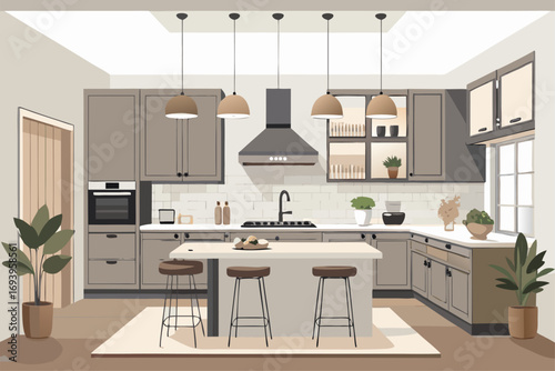 Stylish modern kitchen interior featuring white cabinets, wooden panel accents, bar stools, and a sleek countertop. Large windows allow natural sunlight to brighten the space, complemented by indoor g