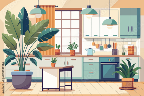 Stylish modern kitchen interior featuring white cabinets, wooden panel accents, bar stools, and a sleek countertop. Large windows allow natural sunlight to brighten the space, complemented by indoor g