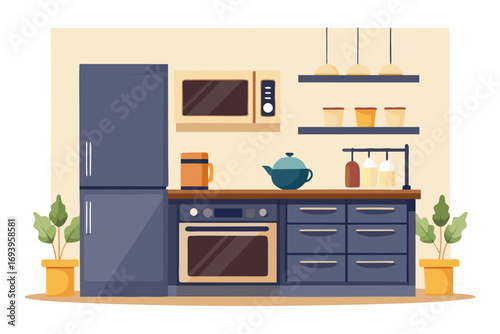 Stylish modern kitchen interior featuring white cabinets, wooden panel accents, bar stools, and a sleek countertop. Large windows allow natural sunlight to brighten the space, complemented by indoor g