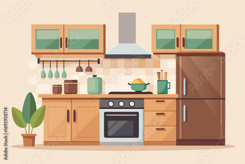 Stylish modern kitchen interior featuring white cabinets, wooden panel accents, bar stools, and a sleek countertop. Large windows allow natural sunlight to brighten the space, complemented by indoor g