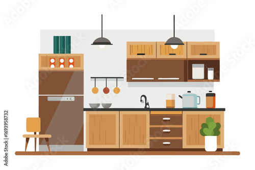 Stylish modern kitchen interior featuring white cabinets, wooden panel accents, bar stools, and a sleek countertop. Large windows allow natural sunlight to brighten the space, complemented by indoor g
