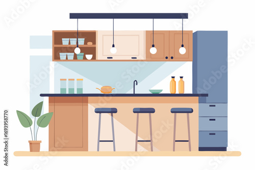 Stylish modern kitchen interior featuring white cabinets, wooden panel accents, bar stools, and a sleek countertop. Large windows allow natural sunlight to brighten the space, complemented by indoor g