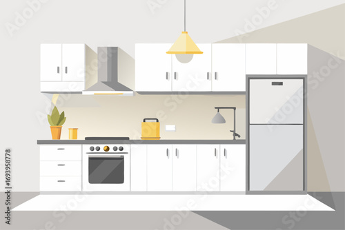 Stylish modern kitchen interior featuring white cabinets, wooden panel accents, bar stools, and a sleek countertop. Large windows allow natural sunlight to brighten the space, complemented by indoor g