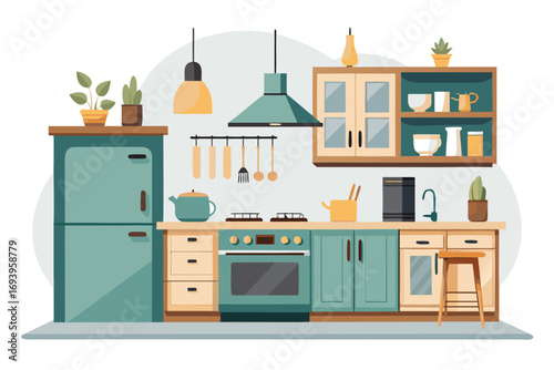 Stylish modern kitchen interior featuring white cabinets, wooden panel accents, bar stools, and a sleek countertop. Large windows allow natural sunlight to brighten the space, complemented by indoor g