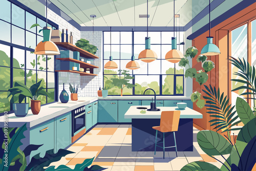 Stylish modern kitchen interior featuring white cabinets, wooden panel accents, bar stools, and a sleek countertop. Large windows allow natural sunlight to brighten the space, complemented by indoor g