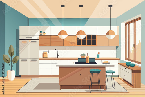 Stylish modern kitchen interior featuring white cabinets, wooden panel accents, bar stools, and a sleek countertop. Large windows allow natural sunlight to brighten the space, complemented by indoor g