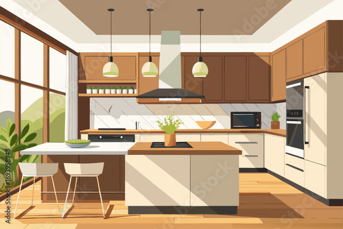 Stylish modern kitchen interior featuring white cabinets, wooden panel accents, bar stools, and a sleek countertop. Large windows allow natural sunlight to brighten the space, complemented by indoor g