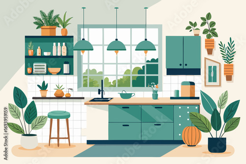 Stylish modern kitchen interior featuring white cabinets, wooden panel accents, bar stools, and a sleek countertop. Large windows allow natural sunlight to brighten the space, complemented by indoor g