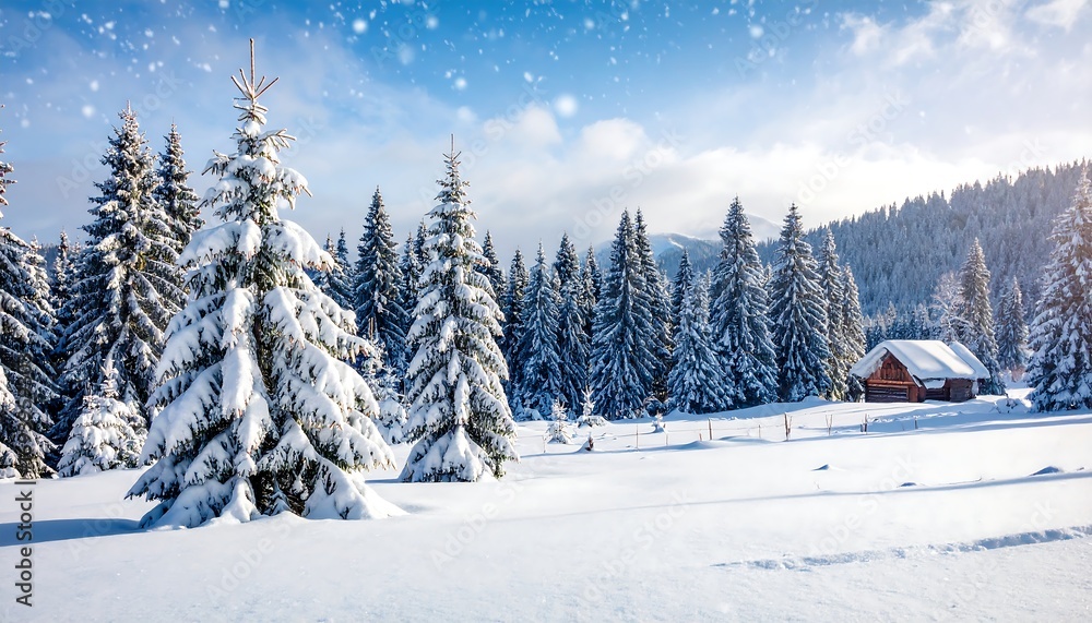 Fototapeta premium Snowy mountain landscape with a cozy cabin