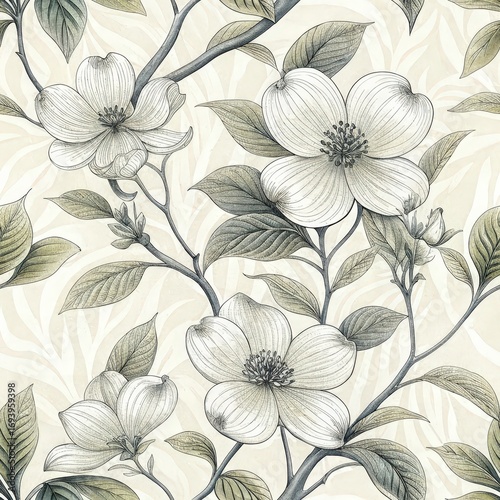 Elegant Vintage Dogwood Botanical Seamless Pattern