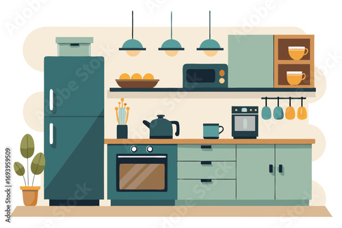 Stylish modern kitchen interior featuring white cabinets, wooden panel accents, bar stools, and a sleek countertop. Large windows allow natural sunlight to brighten the space, complemented by indoor g